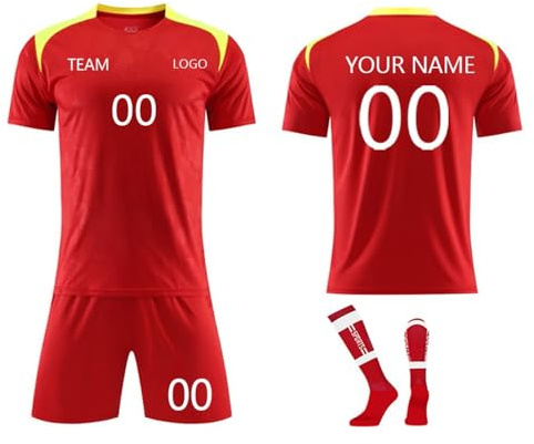 Personalisiertes Fußball Trikot Kinder Personalisiert Trikot mit Namen Nummer Team und Logo Sporttraining T Shirts, Shorts und Socke, Fußball Trikot für Jungen/Herren