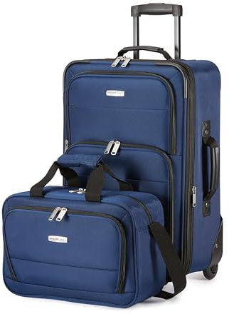 Amazon Basics 2-Teiliges Weichschalen-Koffer-Set, Erweiterbares Handgepäck (58 cm) und Tragetasche (25 cm), Leicht, 100% Polyester, Stapelbares Set, Marineblau