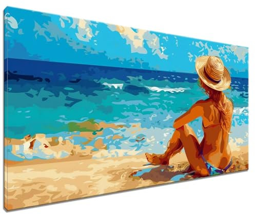 Malen Nach Zahlen Erwachsene Strand, DIY Handgemalt Ölgemälde Leinwand Kits, DIY Set Erwachsene Anfänger Paint by Numbers Malen Nach Zahlen Frau zur Home Wanddeko Wohnzimmer, Kein Rahmen (40x50cm) D-8