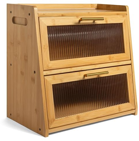 Gennua Kitchen Extra Large Bamboo Bread Box for Kitchen Countertop, Wooden Double Layer Breadbox Provides Double the Storage, Holds Multiple Loaves, Durable & Beautiful with Frosted Acrylic Panels