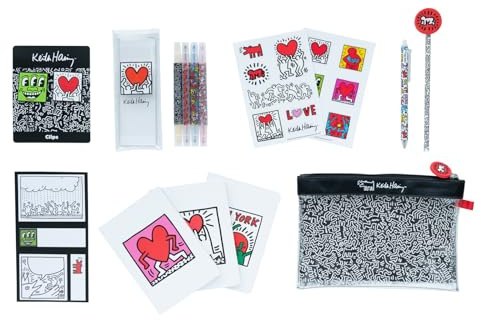 Grupo Erik Keith Haring Schreibwaren Set Mäppchen mit Kugelschreiber | Bleistift mit Radiergummi - Federmäppchen Groß - Büroklammern - 4 Textmarker - Notizzettel Klebend Keith Haring Fanartikel
