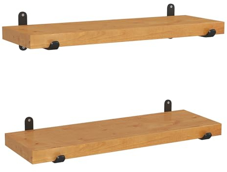 YORKING Handcrafted Solid Wood Shelves Wall Mounted Floating Shelf, Fixed Floating Shelf with Black L-Brackets for Kitchen, Bathroom, Living Room, Bedroom, Office Decor, Set of 2