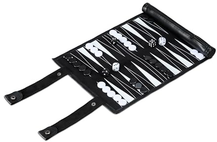 Relaxdays Backgammon, Reisespiel zum Aufrollen, inkl. Zubehör, Spielfeld BxT: 32x26 cm, Lederoptik, Brettspiel, schwarz