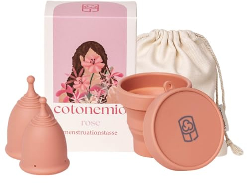 Cotonemio Rose – XS & S Coppetta Mestruale in 100% Silicone Medico con Sterilizzatore e Sacchetto in Cotone | Kit Coppetta Riutilizzabile, Senza BPA, Fino a 12 Ore di Protezione