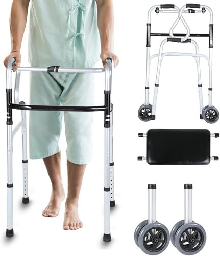 Vexorium Déambulateur pour Personnes âgées, avec Roues Pliable, Aide à la Marche pour Adultes, léger, Stable, imperméable et antidérapant, Hauteur réglable