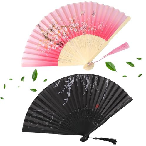 2Pcs Hand Fans for Women Foldable Chinese Fan Paper Fan Handheld Women Hollowed Hand Foldable Fan with Fabric Sleeve Bamboo Silk Folding Hand Fan for Wedding Birthday Party DecorationTravel Supplies