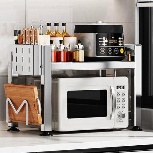 Grille de four à micro-ondes réglable avec 2 étagères de rangement et 4 crochets en acier inoxydable robuste pour comptoir de cuisine, grille-pain extensible avec planche à découper et porte-couteaux
