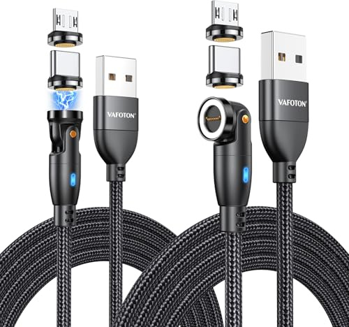 VAFOTON 9Pin Magnetic Charging Cable, 18W Magnetic Phone Charger Cable 2PCS (2M+1M), 540° Rotation & Data Transfer for Type C, Micro USB