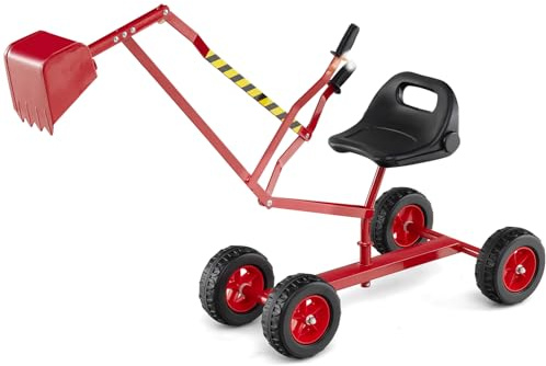 GOPLUS Juguete Excavadora para Niños, Juguete Construcción Infantil con Asiento Giratorio 360°, 2 Brazos y 4 Ruedas Antideslizantes, Mango de Goma, Arena Tierra Nieve, para Niños de 3+Años (Rojo)