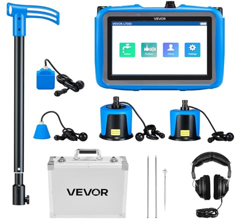 VEVOR Detector de Fugas de Agua de Tuberías, 4 Sensores, 1–10 000 Hz, Pantalla Táctil 17,78 cm, con 3 Varillas de Escucha, Auriculares, Tarjeta 8 GB y Estuche de Transporte, Profundidad 0,5–5 m