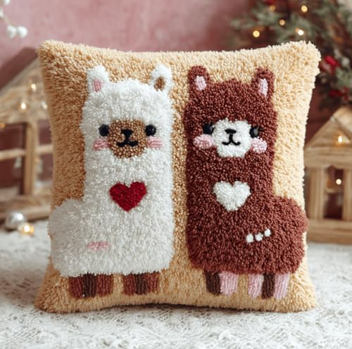 Knüpfkissen Set Zum Selber Knüpfen Für Erwachsene Und Anfänger,Alpaka-Weihnachten Diy Kissenbezug Mit Knüpfhaken-Set Latch Hook Cushion Kit,Kreatives Basteln Ideal Für Home Decor 43X43Cm