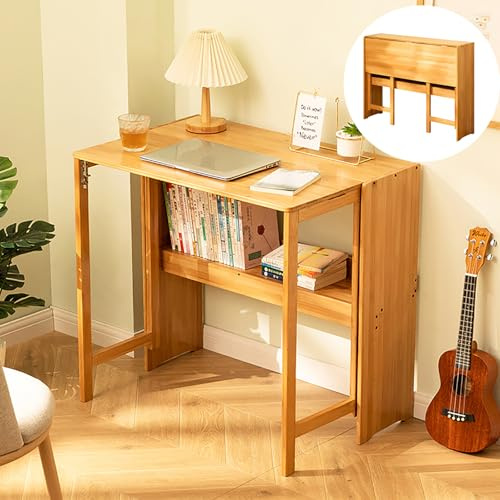 SHZYJBRY Schreibtisch Klappbar mit Bücherregal, 104 x 53 cm | Platzsparender Klapptisch Kleiner Computertisch Küchentisch Kindermöbel Laptoptisch Esstisch