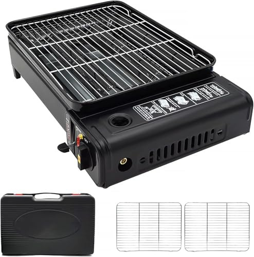 Tragbarer Gasgrill Camping, Gasgrill Klein Koffergrill gas mit Kartusche & Koffer Tischgrill Für Camping, Garten, Picknick, Piezo-Zündung