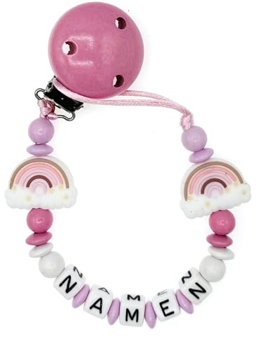 Nuckelkette mit Namen  REGENBOGEN  Babyrosa Rosa Weiß/Unisex/Personalisiert