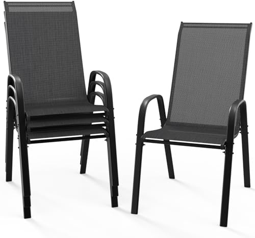 Bonnlo Stapelbare Gartenstühle 4er Set, Outdoor-Essstühle, Wetterfeste Stapelstühle mit Atmungsaktivem Textilene, Robustes Metallgestell, für Balkon, Terrasse & Garten, bis 180 kg, Schwarz