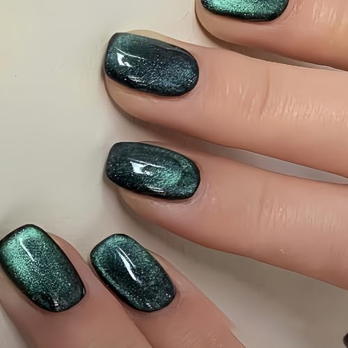 Viugex 24 Pièces French Press on Nails, Vert Œil de Chat Faux Ongles, Fait à Main Acrylique Couverture Complète Ongles à Coller, Naturel Réutilisable Faux Ongles Autocollants pour Femmes Filles