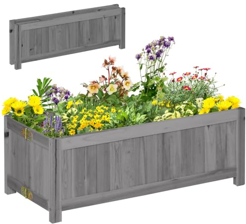 Outsunny Jardinera de Madera Plegable para Cultivos 70x30x25 cm Gris | Jardinera Elevada, Verduras, Flores, Macetero Plegable, Exterior, Patio, Balcón, Terraza