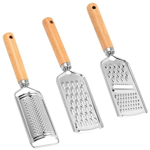 BESPORTBLE 3pcs Vegetable Grater Set with Wood Handle, Stainless Steel Potato Cucumber Slicer and Shredder, Multi-function Kitchen Cutter for Home Cooking