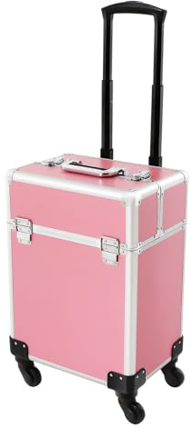 PBTERDTF Schminkkoffer 3-in-1 Rollkoffer Klein -Trolley Aufbewahrungskoffer Reisen Friseurkoffer mit Faltbares Tablett Abschließbar für Visagisten, Hairstylisten, Kosmetikerinnen 34x24x47cm (Rosa)