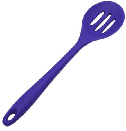 MALUGOGO Juego de cucharas ranuradas de silicona, resistentes a altas temperaturas, 2 piezas con mango y agujero para colgar, utensilios de silicona de grado alimenticio, color aleatorio para uso