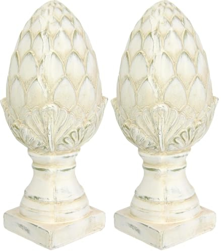Dekoobjekt Zapfen dekorativer Pinien-Zapfen Deko-Zapfen auf Fuß Altweiß Creme in eleganter Shabby Landhaus-Optik Keramik-Zapfen Gartenfigur Geschenk Gartendeko Artischocke, 33 cm (Packung mit 2)