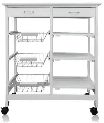 DRULINE Servierwagen Beistellwagen 37x67x76 cm, Multifunktionaler Küchentrolley mit 6 Ebenen, Mobiler Rollwagen aus Holz, Weiß – Ideal für Küche, Büro, Bad, Aufbewahrungswagen, Transportwagen
