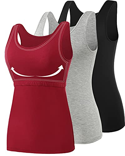 Vislivin Cotton Tank Tops with Shelf Bra for Women Stretch Tanks Wide Strap Undershirts Black/Gray/Wine Red XL