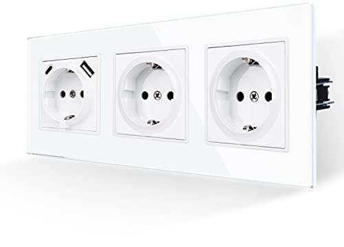 JIMEIDA 3er Kombi mit USB-A&C, Glas weiß, 16A, 228x86mm | Steckdose, 2x Schuko + 1x USB (A+C) 2,1A, 16A, Glas Panel, Kindersicherung, Feuerfest, Unterputz, 228x86mm, weiß