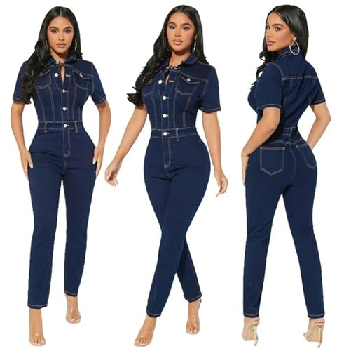 KWTF Enterizo sexy de manga corta para mujer, color azul marino, overol de mezclilla ajustado de longitud completa para mujeres jóvenes