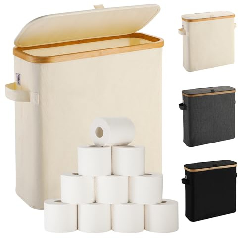 Toilet Roll Holder Storage Stand, Toilet Roll Storage Basket with Lid for Mega Roll, Bamboo Toilet Paper Storage Holder Organiser Free Standing for Bathroom Cabinet, Toilet Roll Storage Box, Beige
