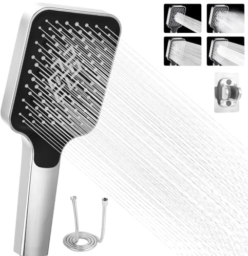 Alcachofa Ducha con Manguera, 3 Modos de Chorro, 105 mm Alcachofa de Ducha Grande, con Base, Cabezal Ducha Alta Presion (Plata)