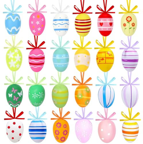 24pcs Easter Egg Hanging Decorations for Kids Easter Day,Colorful Plastic Easter Hanging Eggs for Trees,Plastic Easter Eggs for Easter Tree Ornament,Home Hanging Easter Stuffers Spring Party Decor