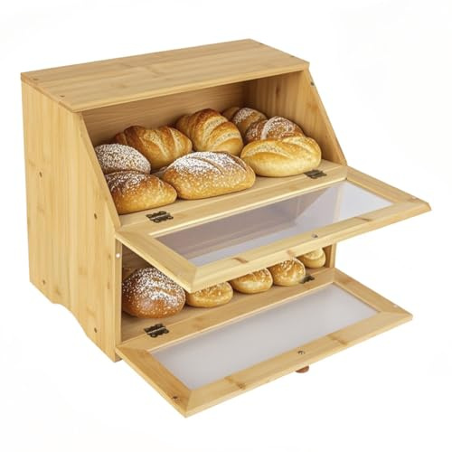 CHZIMADE Double Decker Bamboo Bread Bin 2-Layer Bread Box Large Capacity Bins with Clear Windows for Kitchen Storage