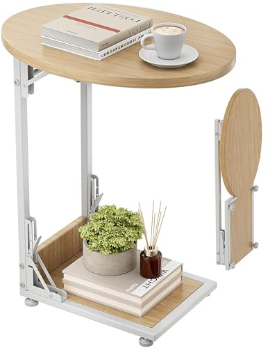 Bomclap Couchtisch, Klappbarer Sofatisch C Form, Kleiner Beistelltisch mit Aufbewahrungstasche, Kaffeetisch mit Metallgestell für Wohnzimmer Schlafzimmer Büro, 40 x 33 x 64,5 cm (Natur)