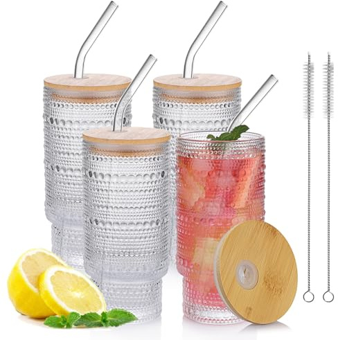Salpae 16oz Glass Cups with Lids and Straws, 4 Pack Vintage Drinking Glasses Tumblers Polka Dot Iced Coffee Cups for Kitchen, Home, Office, Gifts