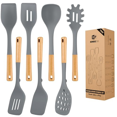 Silicone Kitchen Utensil Set for Non Stick Cookware, 7 Pcs Heat Resistant Cooking Utensils with Wooden Handle, BPA Free Kitchen Tools with Spatulas, Spoons, Skimmer and Pasta Fork (GRAY)