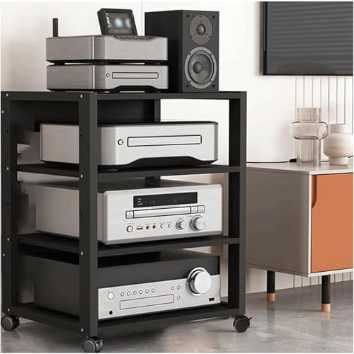 KUddYYKi Audio Rack Mobile Stereo Rack Audio Equipment Rack Wooden Audio Rack Cabinet with Height Adjustable Shelves HiFi Rack with Wheels(Nero,4 Tier)