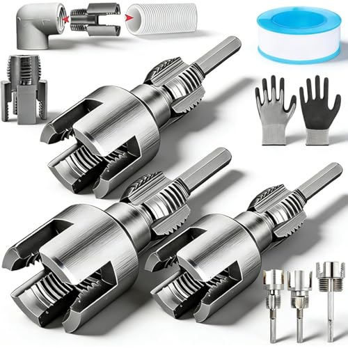 Chiave per tubi dell'acqua 4 in 1, Filettatrice per tubi 4 in 1, Apritubi universale per tubi in PVC, per tubi dell'acqua da 1/2 e 3/4, Set di riparazione idraulica con trapano (1/2+3/4+1')