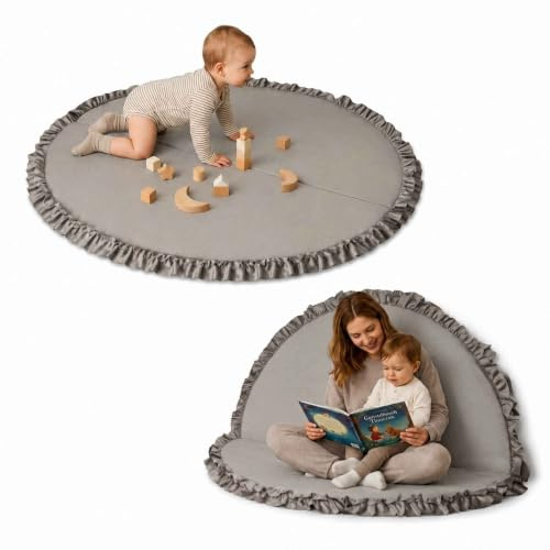 Liya's World Baby Spielmatte Rund, Beige, mit Rüschen | Ø 154cm, Faltbare Krabbelmatte/Babymatte, Aus Samt, Für Kinderzimmer & Babyzimmer, Waschbar & Gepolstert
