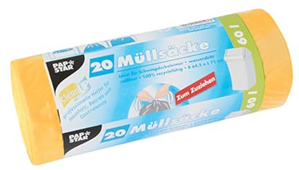 Papstar 1 Karton = 9x20 Müllsäcke zum Zuziehen, HDPE 60 l 71 cm x 64,5 cm gelb 14197