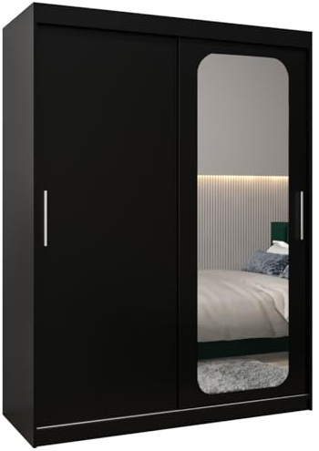 ABIKSMEBLE Promo 2 150 Armario 2 Puertas Correderas para Dormitorio - Armario Moderno con Espejo, Barra y Estantes - 150x200x62 cm (Ancho x Alto x Fondo) - Negro Mate