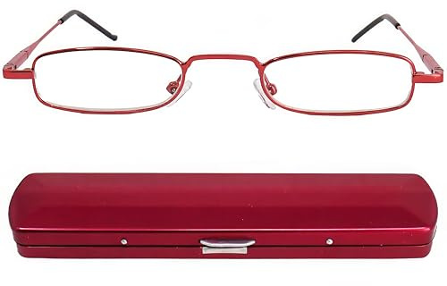 Schmale Mini-Lesebrille aus Metall mit Etui, Rot, +2,0 Dioptrien