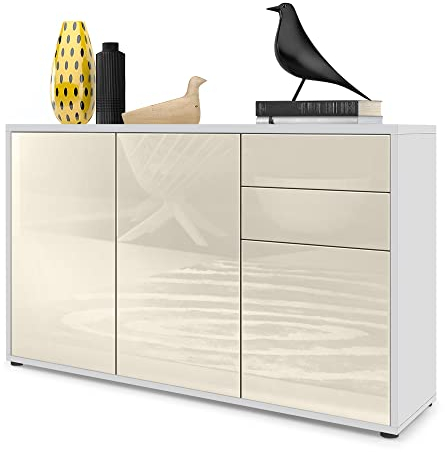 Vladon Sideboard Ben V3, Kommode mit 3 Türen und 2 Schubladen, Weiß matt/Creme Hochglanz (117 x 74 x 36 cm)