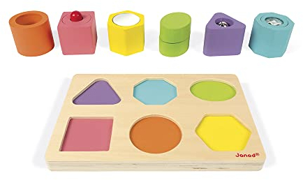 Janod - I Wood Sensorik-Puzzle aus Holz mit 6 Steinen, Lernspielzeug, zum Erlernen von Formen und Farben, Farbe auf Wasserbasis, FSC-zertifiziert, ab 1 Jahr, J05332