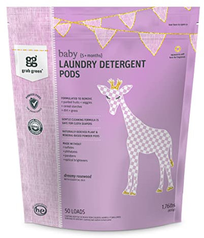 Grab Green {Stage 2} Natural Baby Laundry Detergent Pods {5+ Months}, Organic Enzyme-Powered, Plant & Mineral-Based Concentrated Powder Pods, Dreamy Rosewood Fragrance—with Essential Oils, 50 Loads