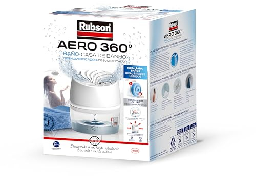 Rubson AERO 360º Baño, deshumidificador portátil sin cable para baño, absorbe humedad para la circulación del aire, disipador de condensación antihumedad, dispositivo y tableta (450 g)