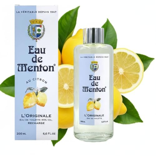 Eau de Menton - L'Originale, depuis 1947 – Eau de Toilette Citron – Notes d'Agrumes – Parfum Naturel Mixte Vegan, Fraîcheur Légère – Fabriqué en France – 200 ml