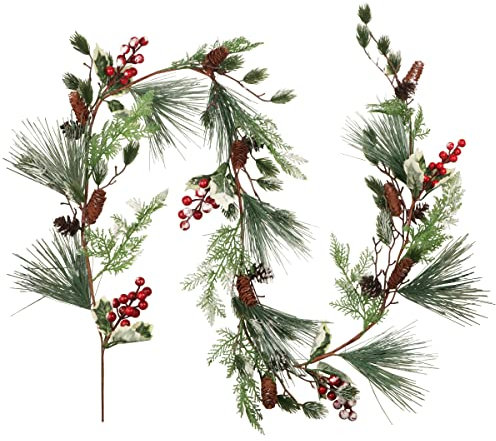 180 cm Ghirlanda di Pino di Natale Artificiale con Bacche Rosse Ago di Pino innevato Pigne di Abete Foglie di eucalipto Ghirlanda Invernale per Natale Camino Scale Decorazione da Tavolo