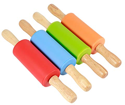 nobrands Mini Nudelholz, 4 Stück Kinder Nudelholz Silikon Teigroller mit Holzgriff für Kinder, Antihaft Nudelhölzer Teigrolle Backzubehör Geschenk