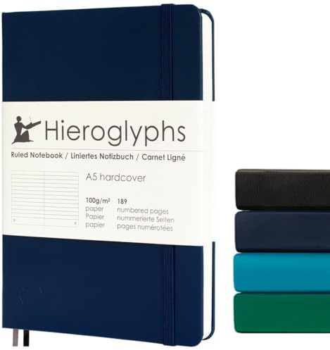 Hieroglyphs Notizbuch A5 mit Hardcover, 189 Nummerierten Seiten, 3 Farben, Organisationsregister, Tasche, Elastikverschluss, 2 Lesezeichen, Dunkelblau